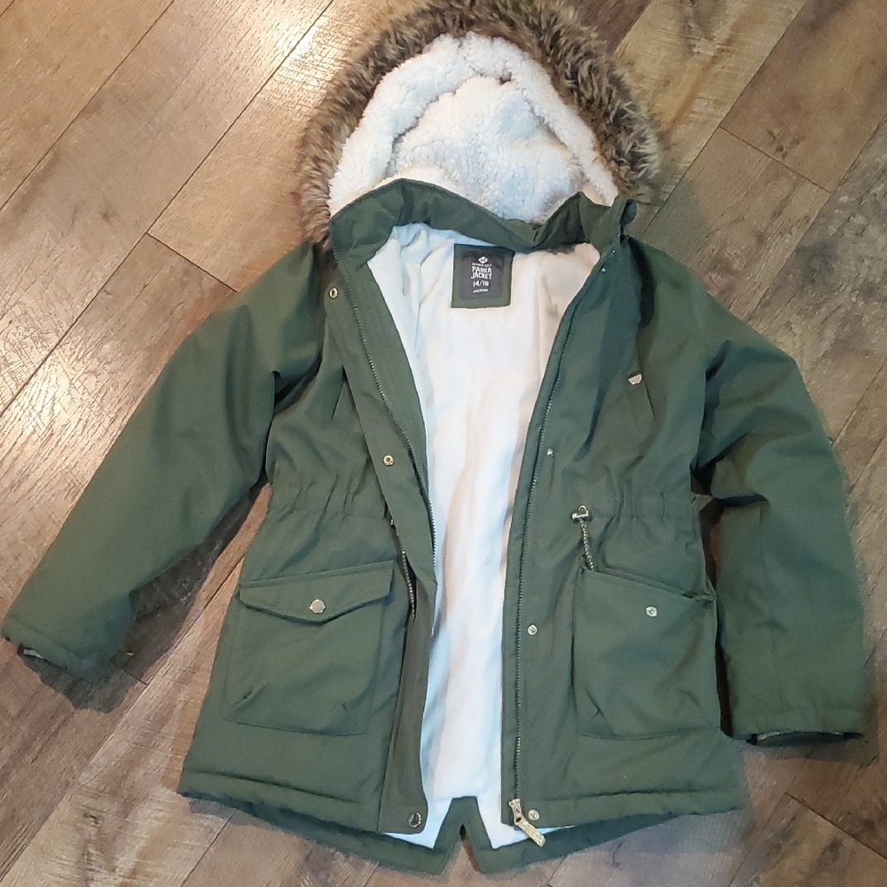 Children's Olive Green Parka with Faux Fur Hood